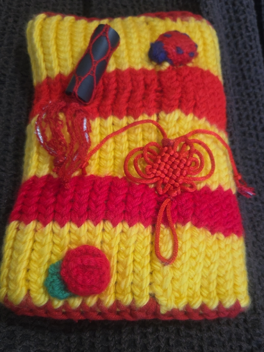 Handmade Striped Knit Dementia Lap Hand Snuggle. in Yellow and Red. Very Sturdy